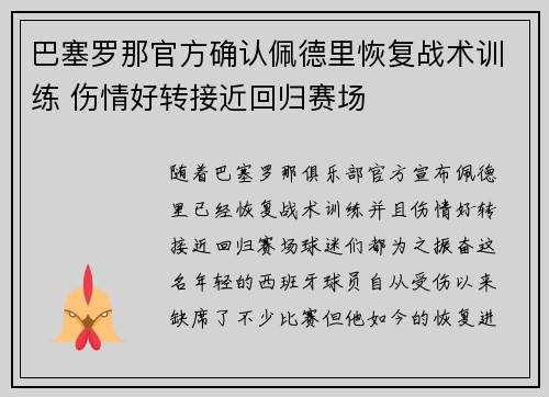 巴塞罗那官方确认佩德里恢复战术训练 伤情好转接近回归赛场 巴塞罗那官方确认佩德里恢复战术训练 伤情好转接近回归赛场