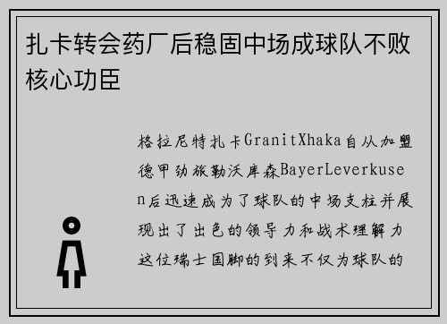 扎卡转会药厂后稳固中场成球队不败核心功臣 扎卡转会药厂后稳固中场成球队不败核心功臣